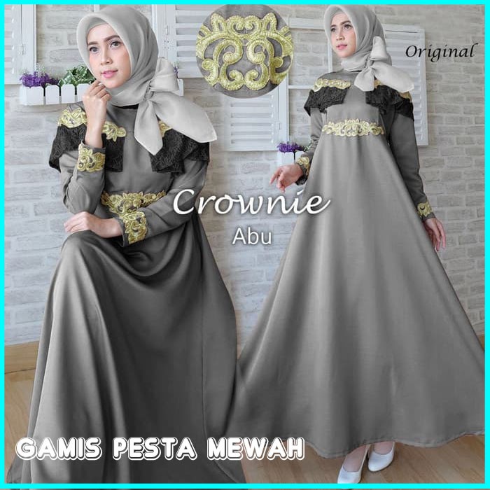GAMIS PESTA WANITA TERBARU ABU CROWNIE / GAMIS MUSLIMAH NEW