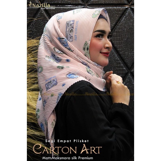 Jilbab Segi Empat Motif Plisket Polycatton Ori Nazilla-Cartoon Babypink