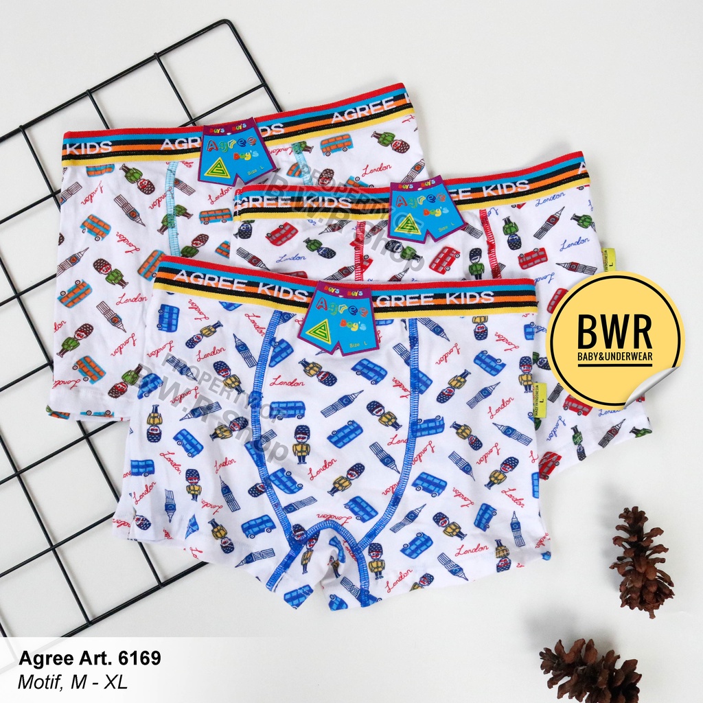 CD Boxer Agree Kids 6169 Putih Motif / Celana Renang Anak Boxer Karet Tebal Salur | Bwr