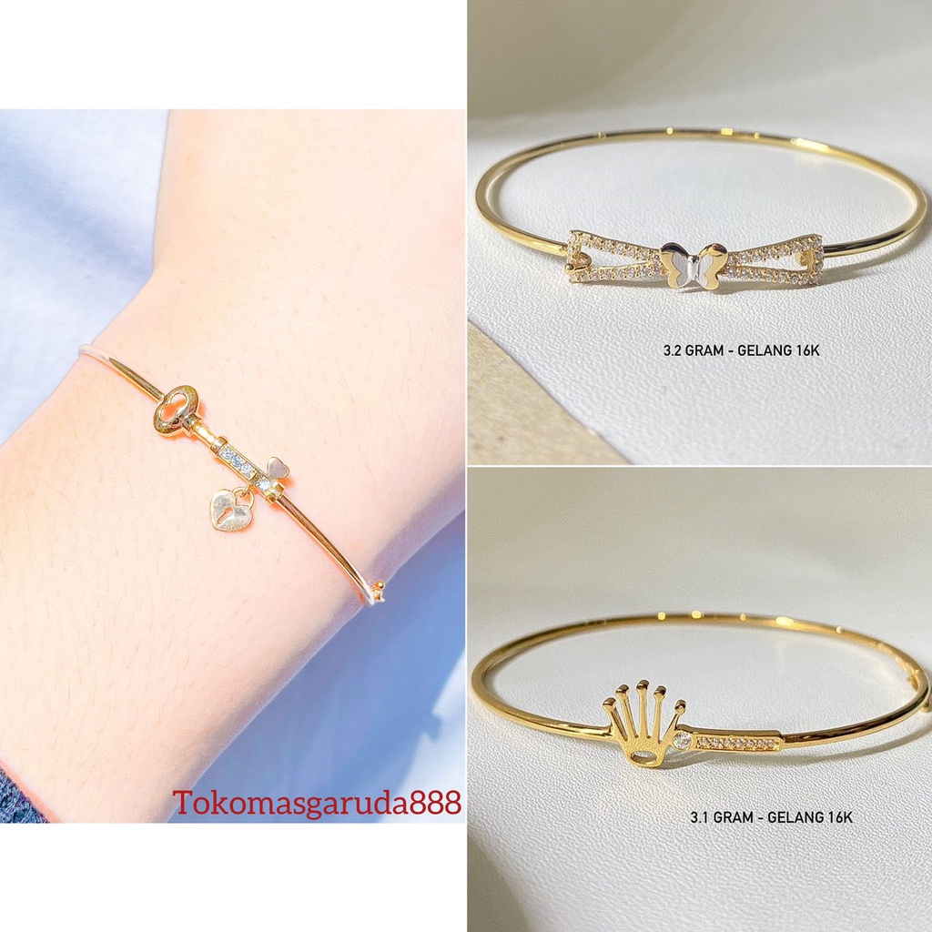 Banyak motif yaa Gelang oval anak dan dewasa emas asli kadar 700 70 16k keylock love rolexx branded crown kupu2 bintang krum putih cartie bulat tangan korean aesthetic gold bangle