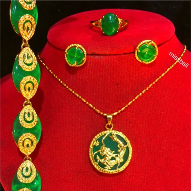 Set kalung giok hijau xuping  asli 24k,liontin depan belakang,No.11