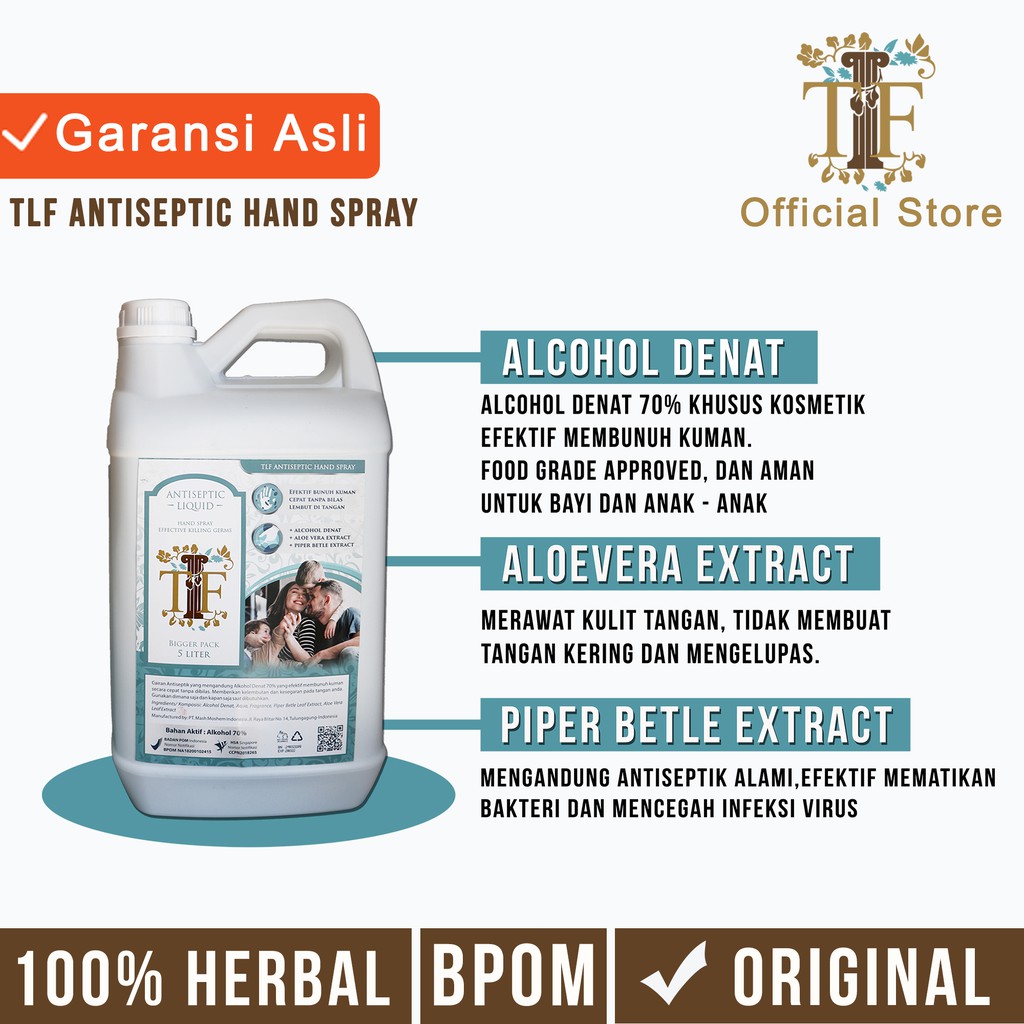 Hand Sanitizer Antiseptik 5 Liter TLF BPOM / Hand Sanitizer Liquid /Antiseptik Cair Alkohol Denat 70% TLF Hand Sanitizer Cair