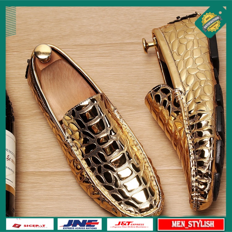 Sepatu Loafers Pria Casual Silver Gold Men Loafers  Leather Men Casual Shoes Luxury Flat Shoes 5#16/