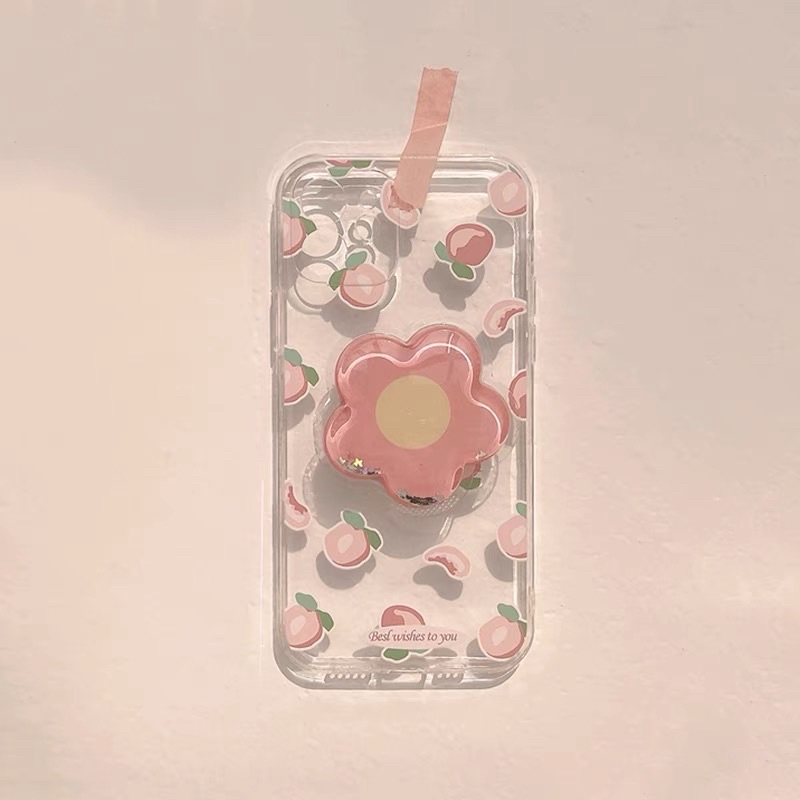 Transparant Peach with Flower Holder Softcase iphone 7/8+ XS XS Max XR 11 Pro Max 12 Pro Max