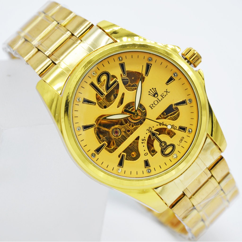 Jam Rolex Automatic Rantai Gold | Body Besar | Jam Otomatis Transparan Matic Pria Emas