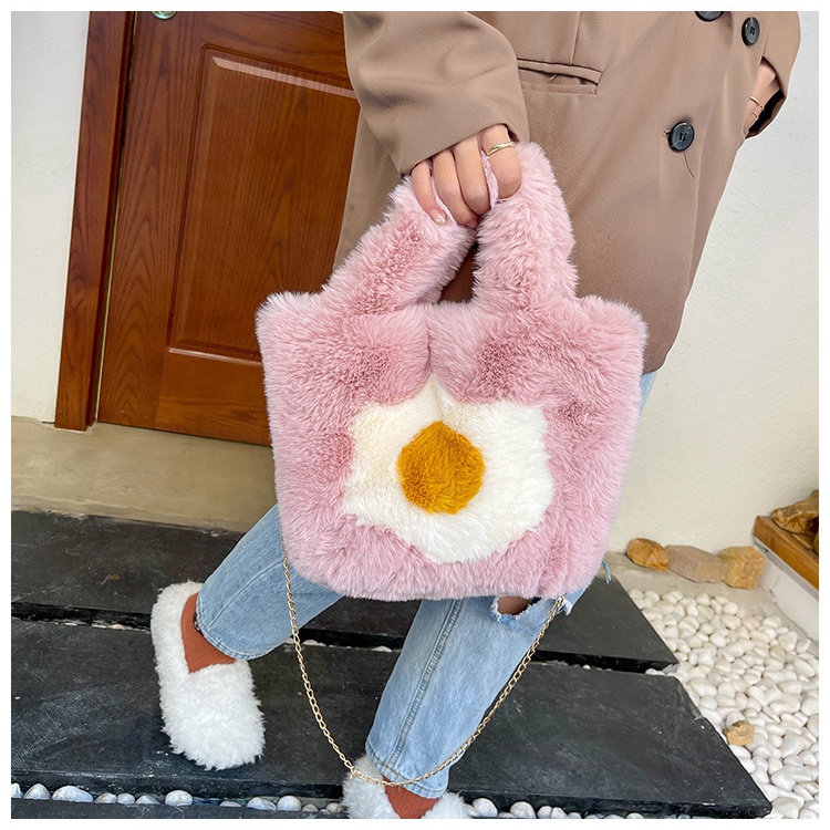 [littlecrab] Tas Bulu Motif Telur Lucu Unik Pegangan Bulu Lembut Tas Lucu Unik Cute Egg Bag Korean Style