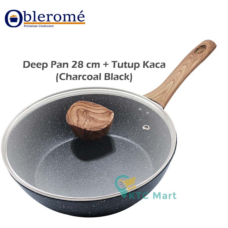 OBLEROME - Deep Pan Marble Granite 28 CM + Tutup Kaca Wok Pan Granite| Premium Cookware