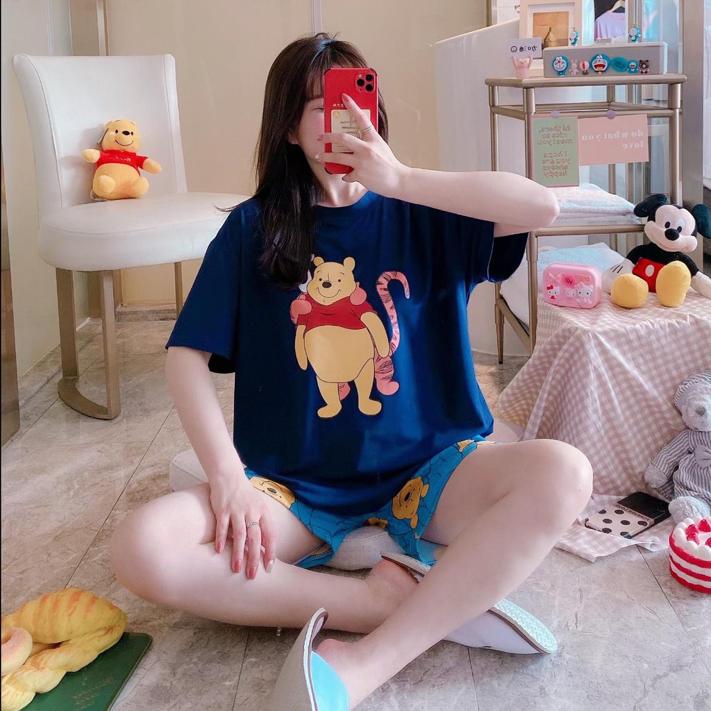 Baju Tidur Piyama Set/Piyama Wanita Import/Baju Piyama Pendek/Short Sleep Wear-J10-Navy Pooh