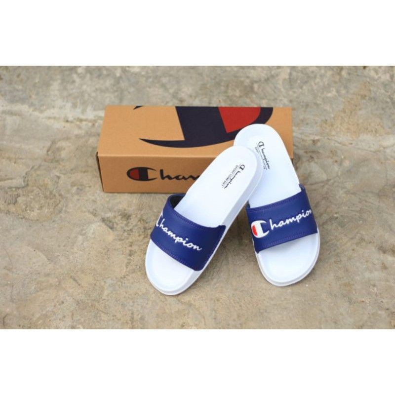 Sandal Slop On Champion White Navy Varcity Sendal Slide Pria Wanita Original