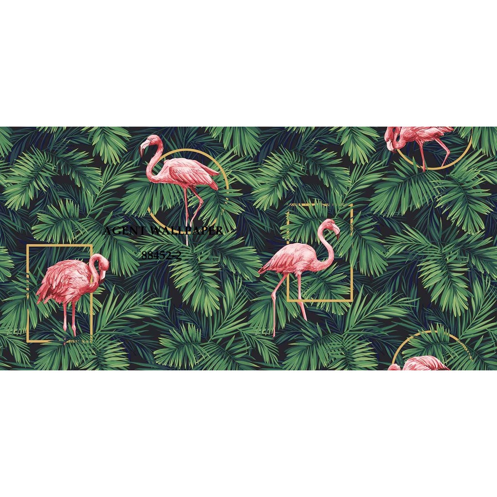 WALLPAPER DINDING KOREA MOTIF FLAMINGO DAUN 3D