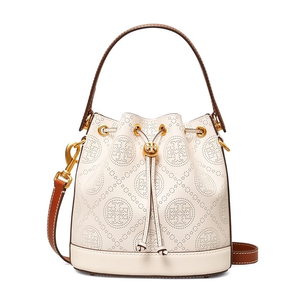 TORY BURCH T MONOGRAM PERFORATED LEATHER BUCKET BAG