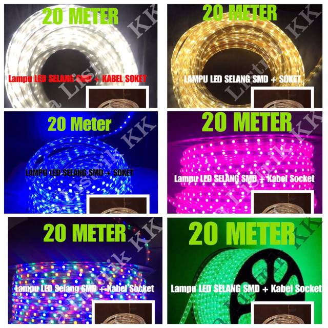 Lampu LED STRIP SELANG SMD 5050 20M 220V OUTDOOR PUTIH KUNING BIRU HIJAU UNGU PINK WARNA WARNI  RGB