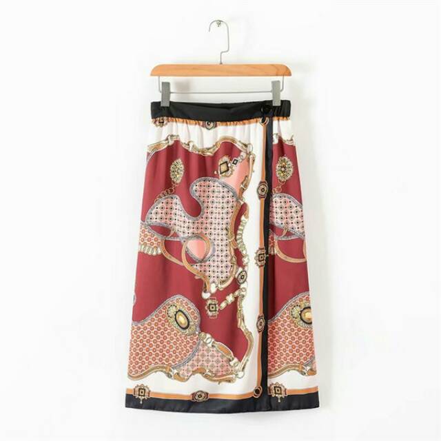 MC240124802 Rok Flare Wanita Red Chain Wrap Skirt Fashion Import Murah Size S, M, L