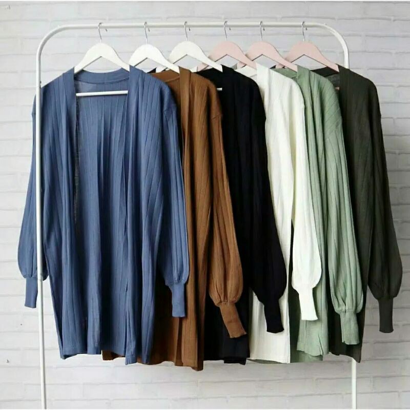 Outer Long Cardigan Motif Jalur Lengan Balon Bersaku