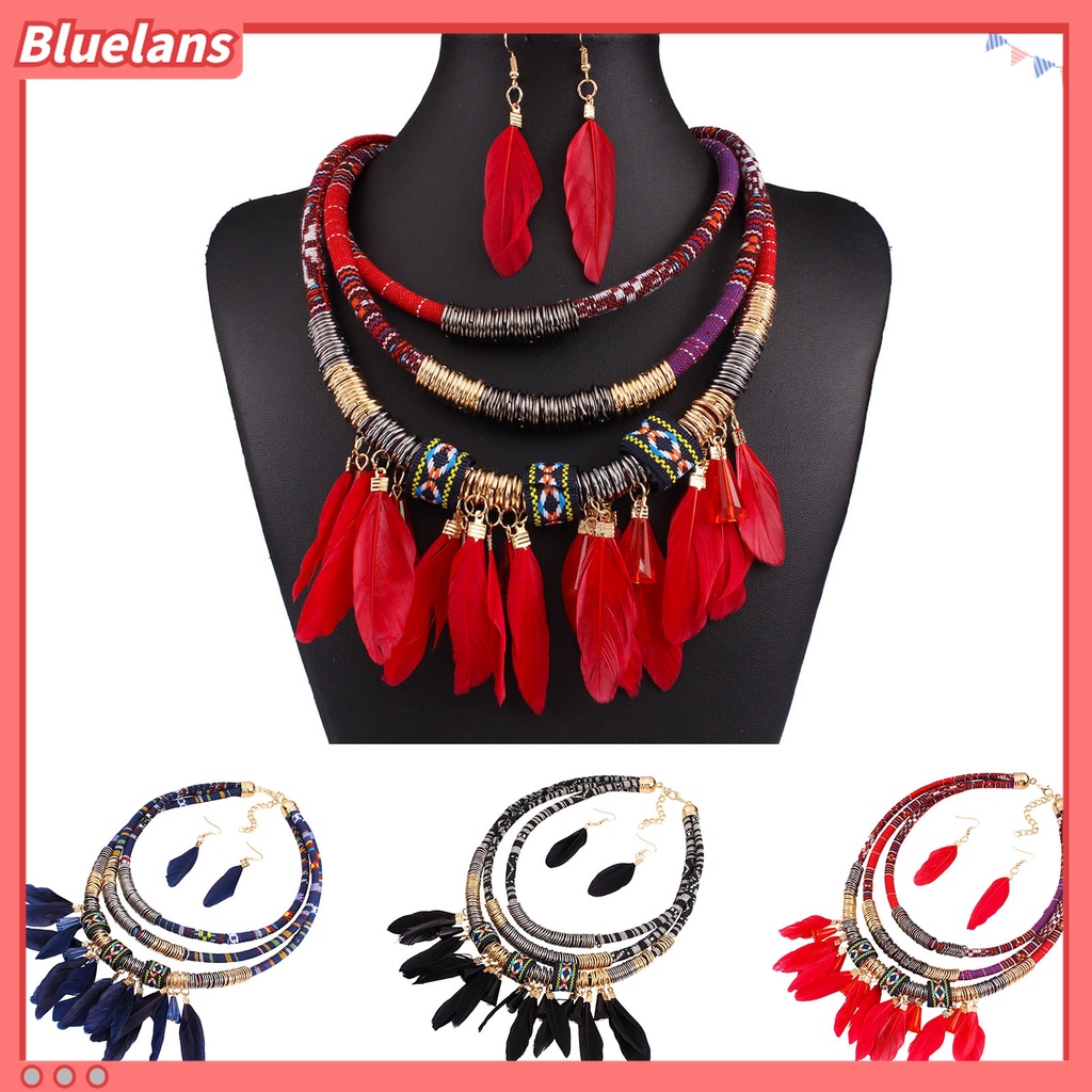 2pcs / Set Kalung Anting Rumbai Bulu Multilayer Bahan Alloy Gaya Bohemian Etnik Untuk Aksesoris Perhiasan