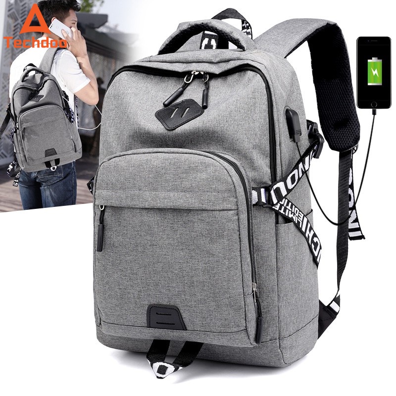 techdoo tas ransel pria kanvas backpack tas punggung sekolah usb port charger tr204