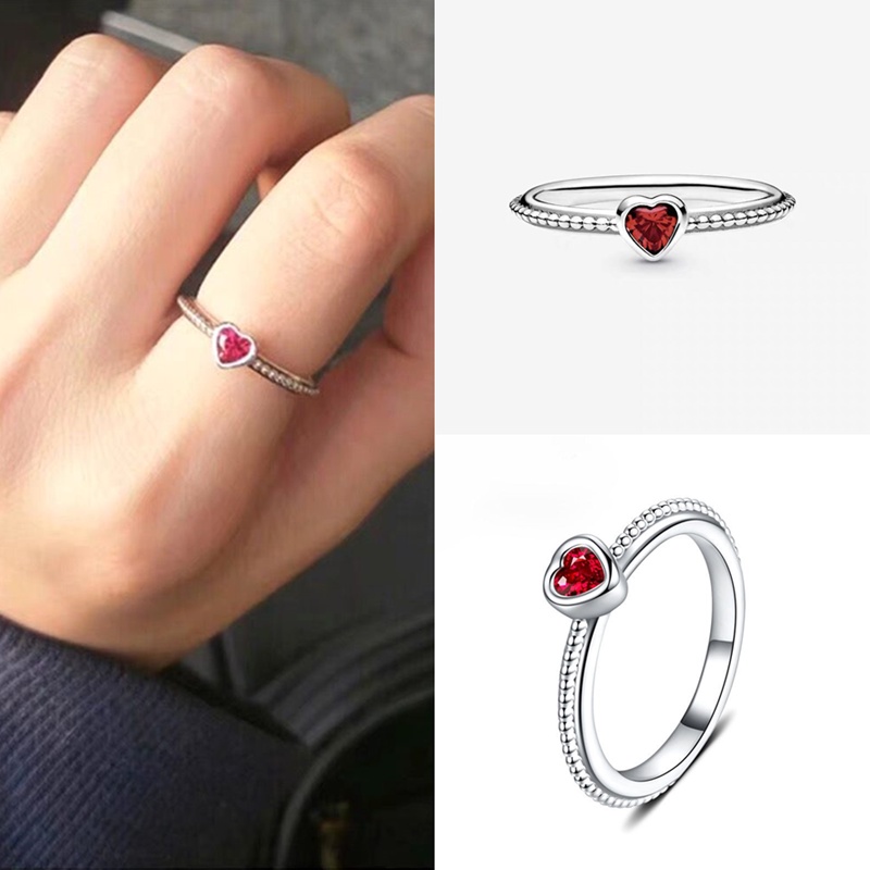 Cincin 925 Silver Bentuk Hati Aksen Ruby Kubik Zirkonia Untuk Wanita