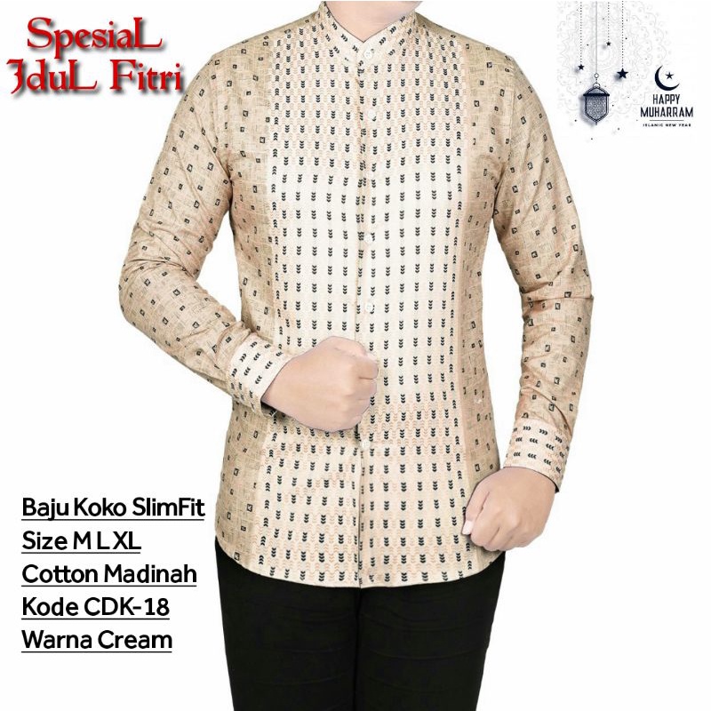 Baju Koko Muslim Pria | Kemeja Koko Pria SlimFit | Koko Dewasa Lengan Panjang CDK16 CREAM Colin Dion