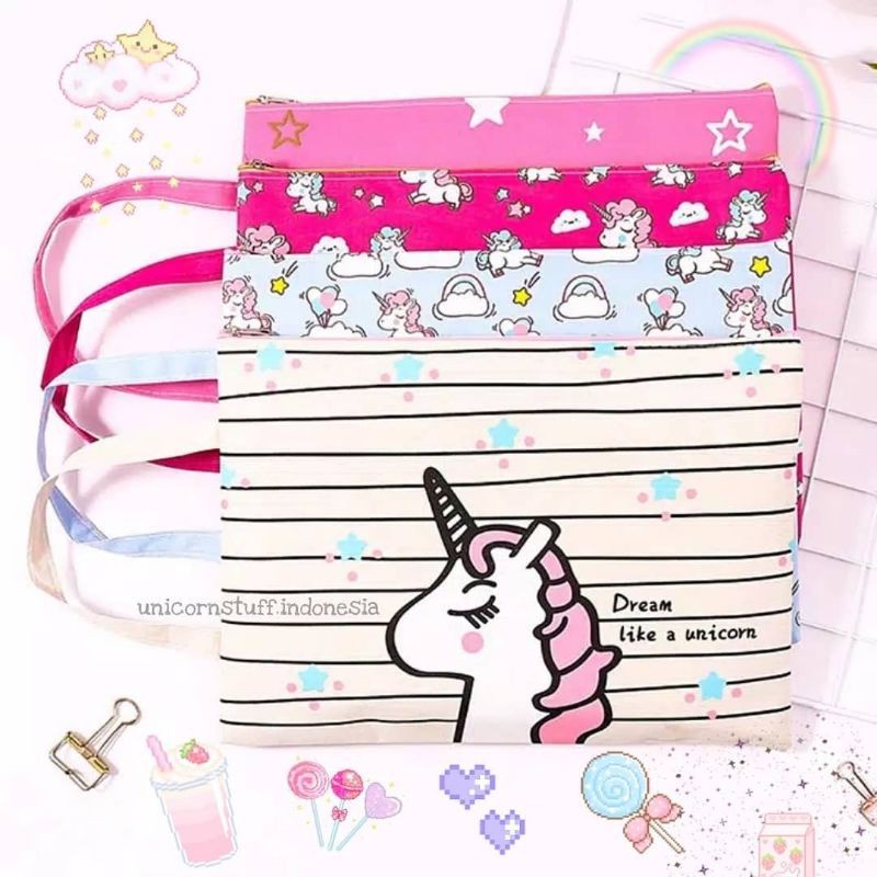 Map Kain Unicorn A4 Anak Sekolah Pouch Make Up Kertas Resleting