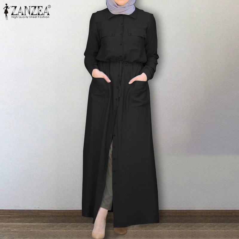 ZANZEA Women Long Sleeve Elastic waist Turn-Down-Collar Muslim Long Dress