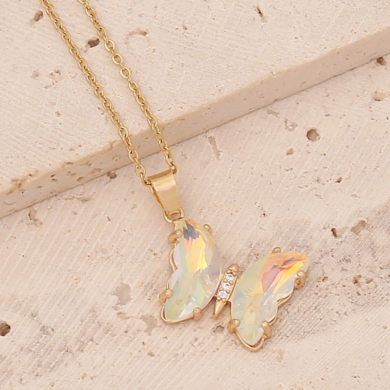 Kalung Rantai Klavikula Desain Kupu-Kupu Kristal Kaca Bening Gaya Korea Butterfly