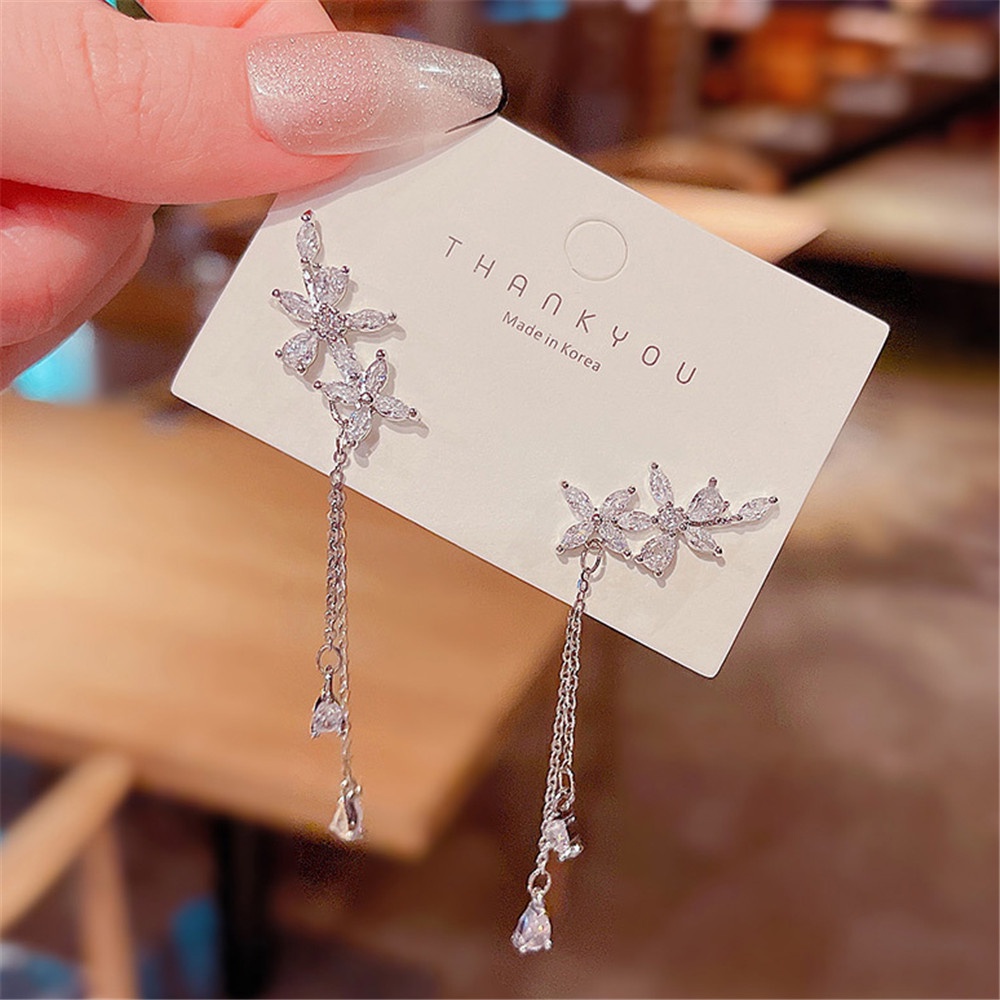 【COD Tangding】Anting Rumbai Panjang Desain Sayap Aksen Zirkon Gaya Korea Untuk Wanita