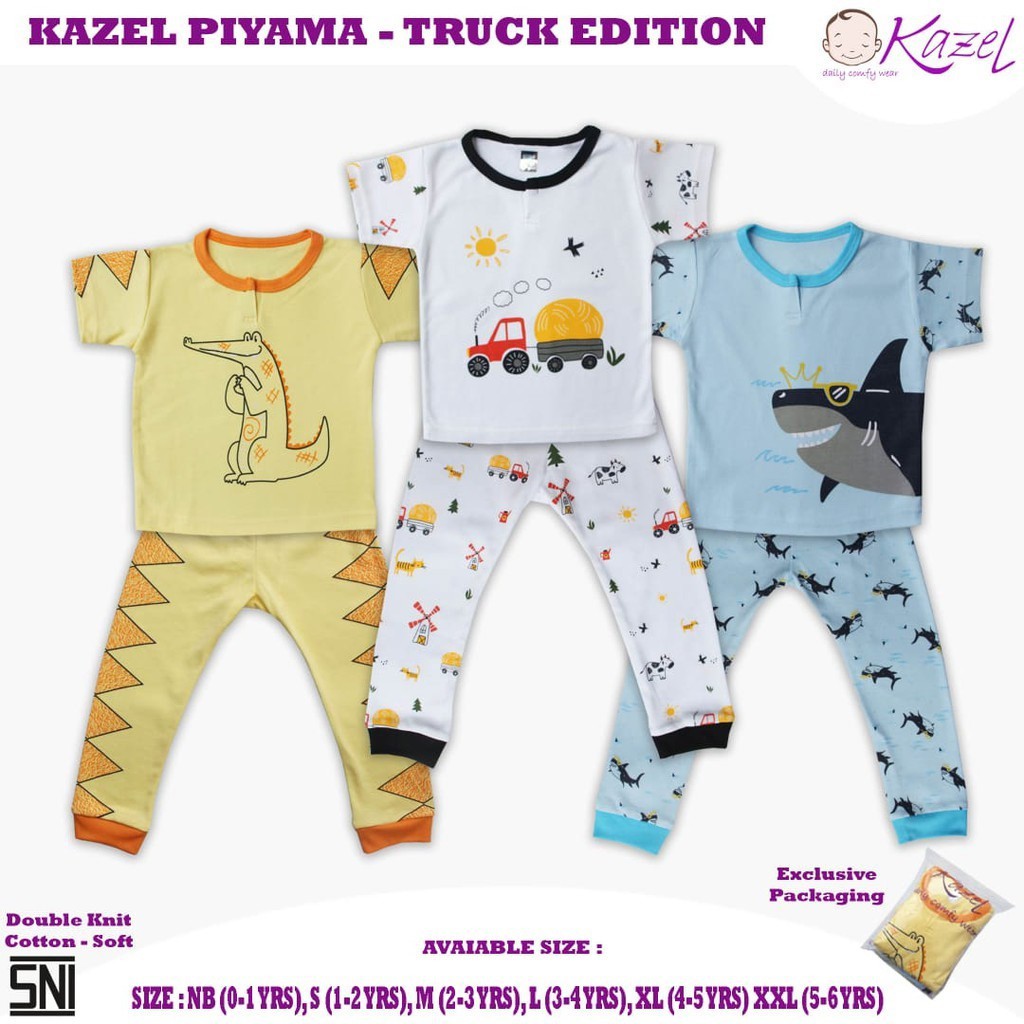 Kazel Piyama Boy Truck edition 3pcs Setelan Baju Pendek Celana Panjang Anak Laki Laki