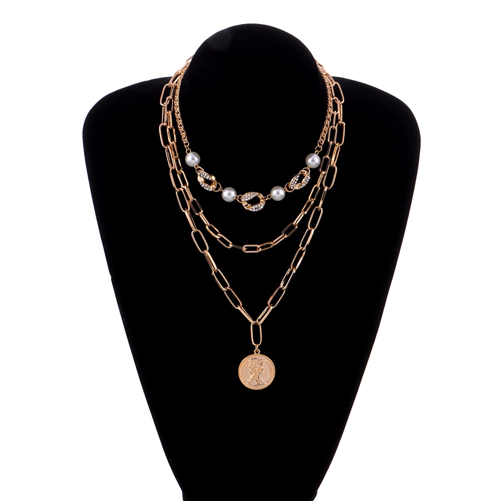 Retro Wanita Multi-Lapisan Mutiara Kalung Berlian Pribadi Retro Kepala Manusia Koin Liontin Kalung