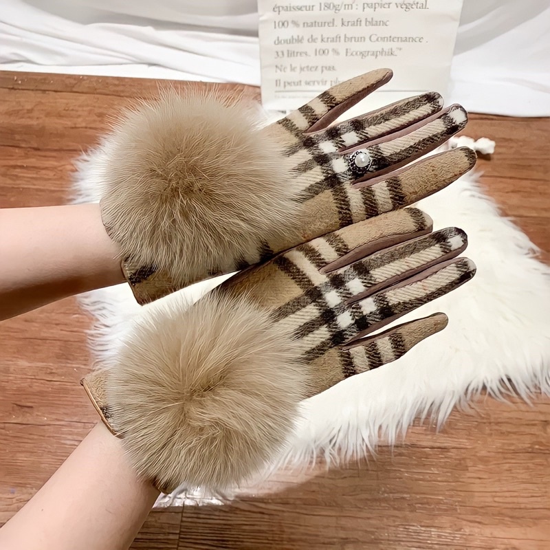Sarung tangan winter wanita import fashion gloves hangat pompom berry houndstooth