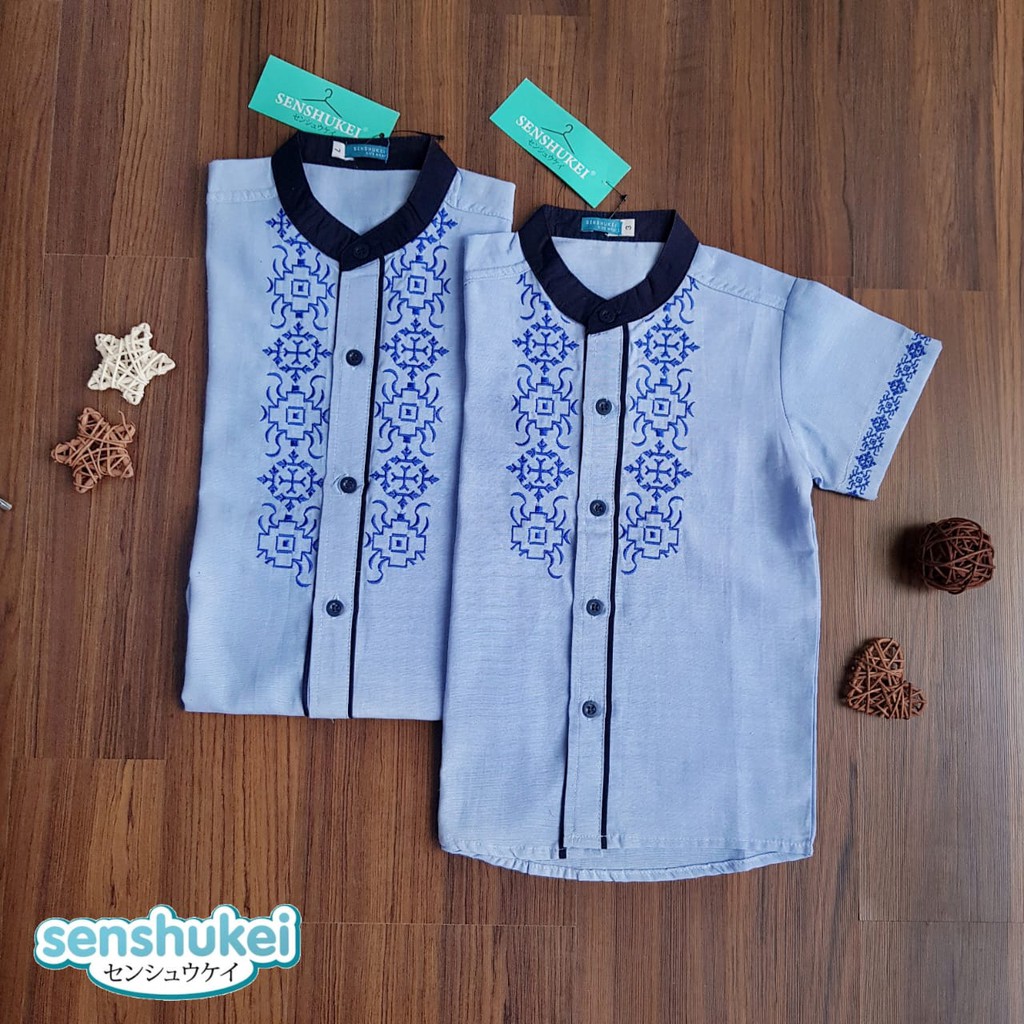 [Brandedbaby] 3-13T KEMEJA KOKO ANAK IMPORT SENSHUKEI LENGAN PENDEK BORDIR / KEMKO BIRU MERAH