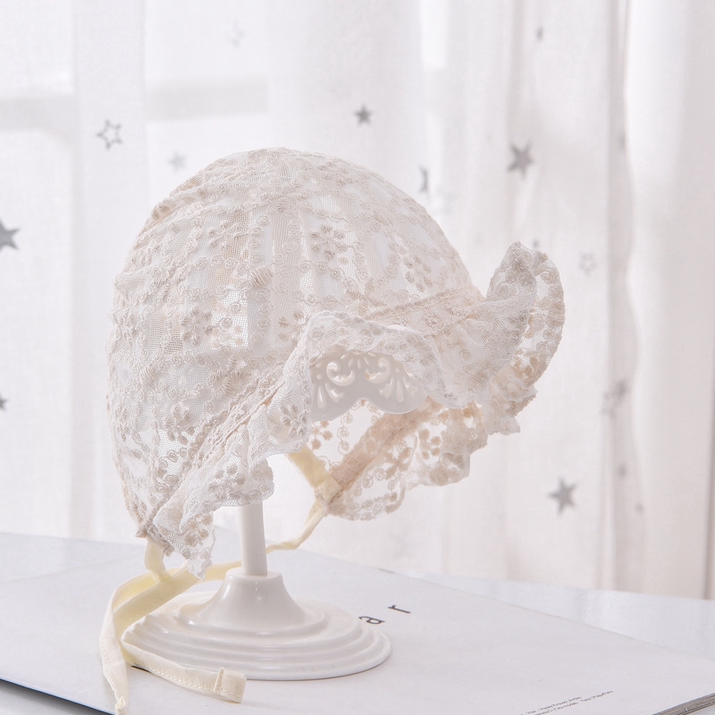 Topi Bayi Perempuan Bahan Lace Breathable Aksen Bunga Untuk Musim Panas/Properti Fotografi-6