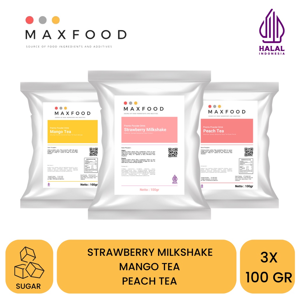 

MAXFOOD - Combo Bubuk Minuman 8 - Strawberry Milkshake, Mango Tea, Peach Tea (100Gr X 3)