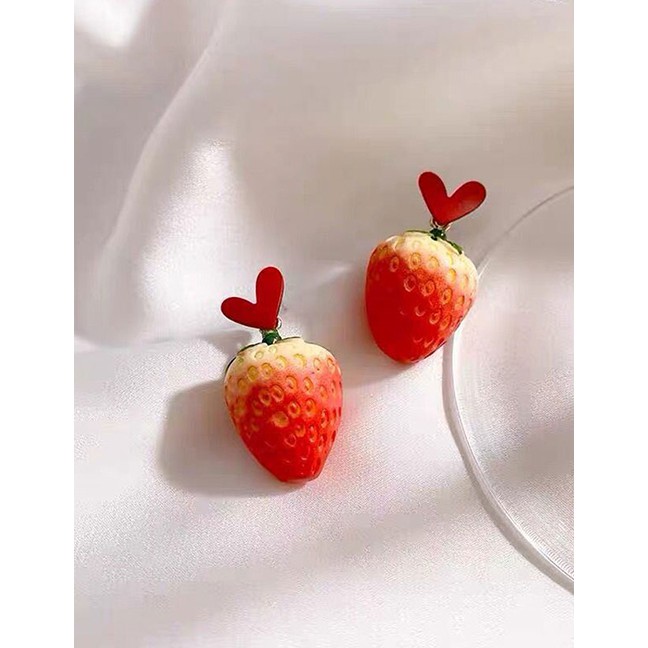 LRC Anting Tusuk Fashion Red Love Strawberry Resin Alloy Earrings A61837