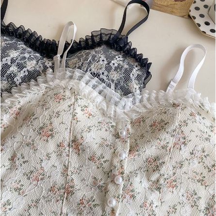 RSB BR095 Bra Bh Tanktop Crop Korean Lace Floral Vintage Wanita Motif Bunga Retro Gaya Korea