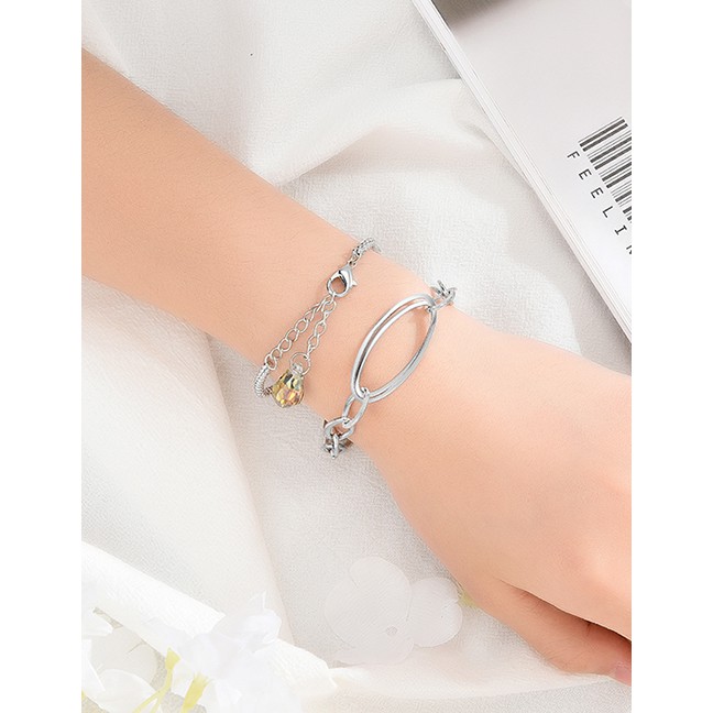 LRC Gelang Tangan Fashion Silver Diamond Chain Crystal Bead Double Bracelet D03967