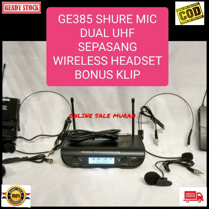 G385 Shure mic wireless sepasang headset bando kuping jepit dual uhf mik wireles klip clip dobel microphone kerah baju tie sepasang profesional pro kancing condesor system sistem vokal vocal panggung dj studio Kancing sensitif aux ceramah pidato acara mee