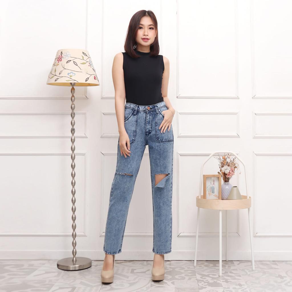 HOPYLOVY Celana Boyfriend Jeans Wanita Highwaist Celika