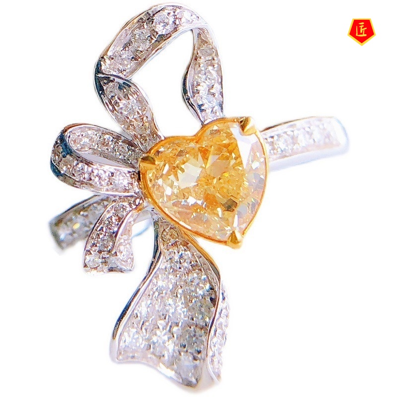 [Ready Stock]Fashion Creative Full Diamond Love Heart-Shaped Yellow Diamond Ring for Women