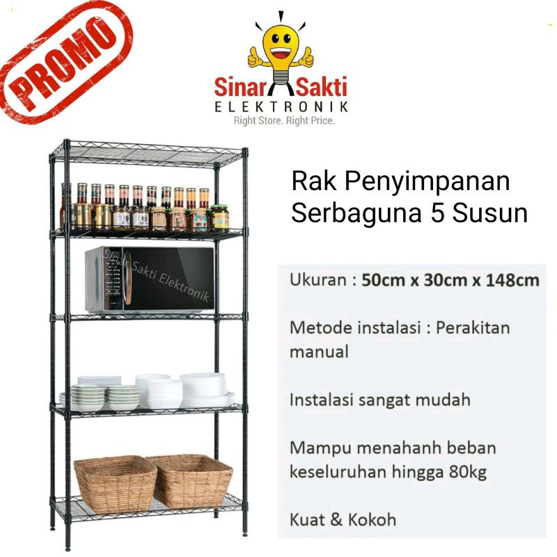 Rak Penyimpanan Barang 5 Tingkat Susun Serbaguna Besi Gudang Dapur