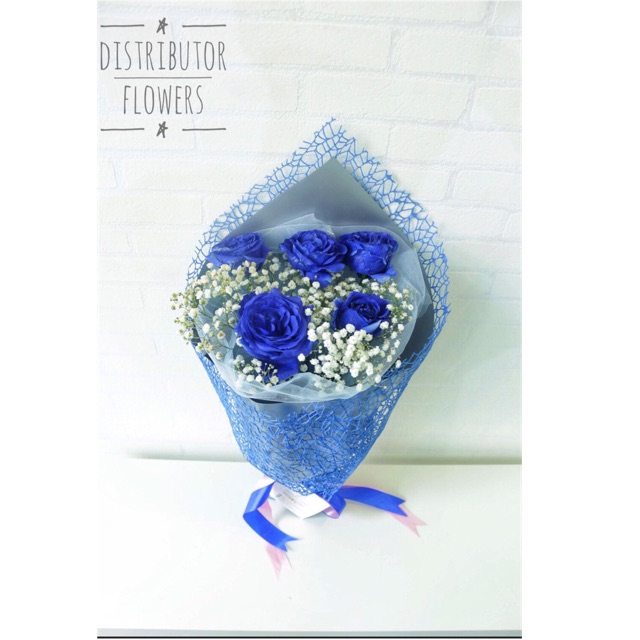 Buket Bunga Mawar Biru 5 Tangkai Rose Bouquet Wisuda Bucket Gift