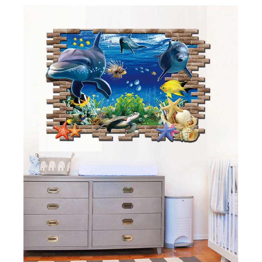 RELIZA WALL STICKER JENDELA 2D 3D IKAN LUMBA LUMBA FISH DOLPHINS STIKER DINDING AY9706