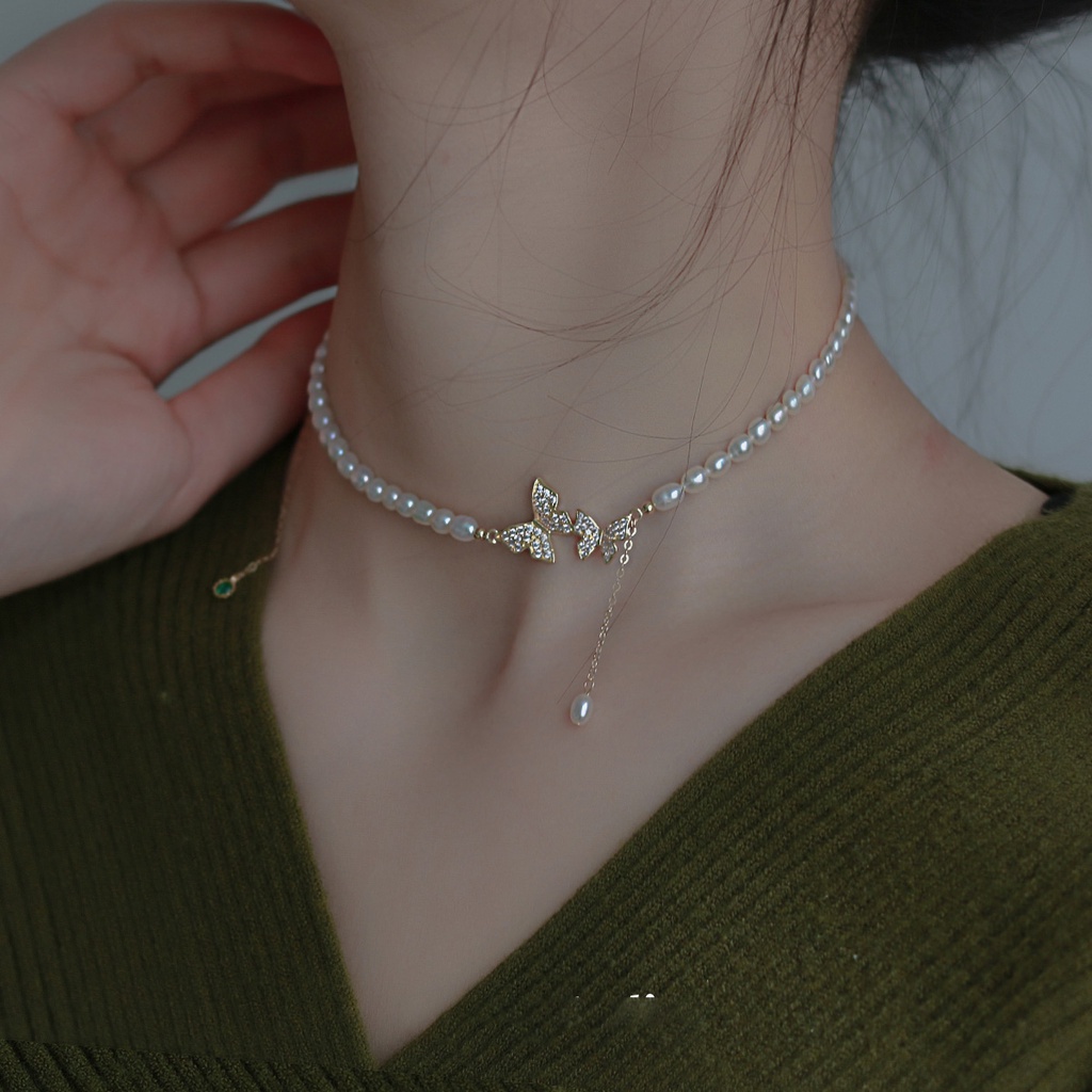 AY(CN) Kalung Choker Rantai Klavikula Desain Kupu-Kupu Aksen Kristal Mutiara Untuk Wanita