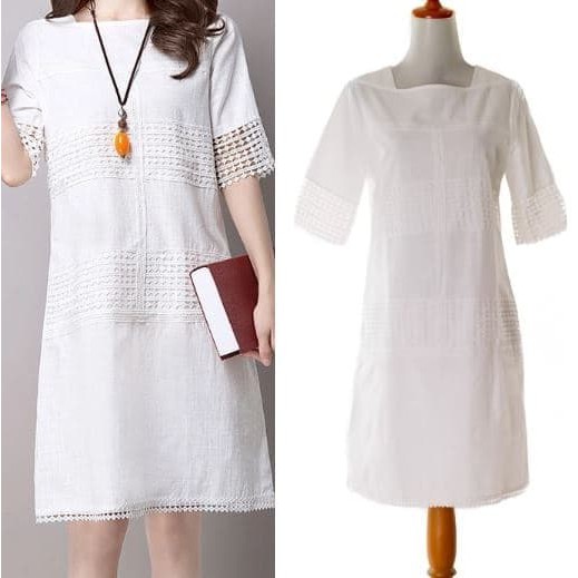 IMPORT Dress Mini Brukat Putih Lace White Casual lengan Pendek