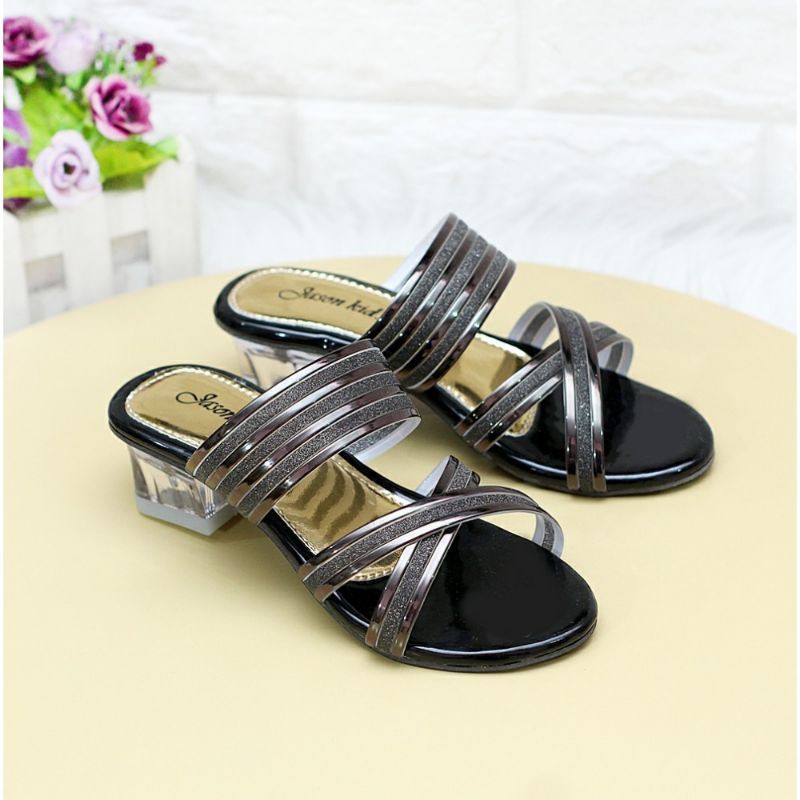 Sandal Hak Kaca Anak Perempuan Glosy Tali Silang Chunky Heels 3 Cm Sendal Sepatu Anak Cewe Murah GLS