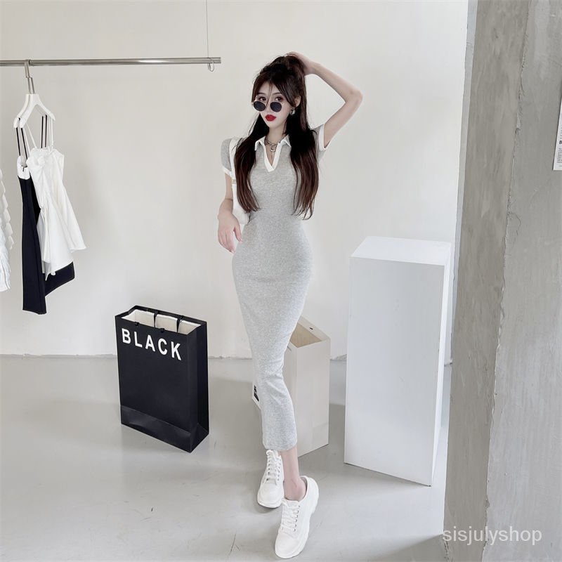 #Sisjuly# Gaun Kerah Polo Wanita Rok Panjang Ramping Ramping Baru Wanita