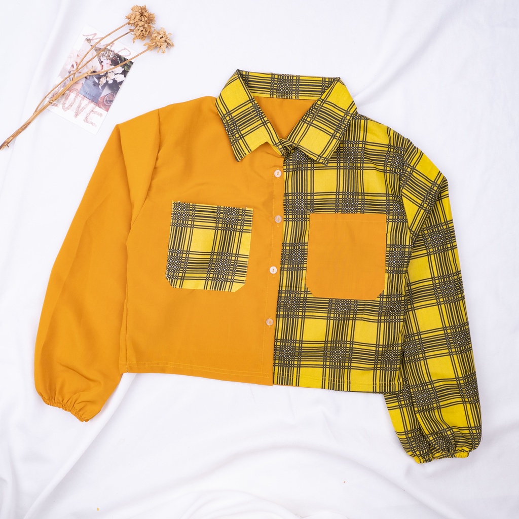 SALE!!! Mika Crop Top / Kemeja Crop Wanita Tartan / Kemeja Two Tone Kotak-VINTAGE KUNING