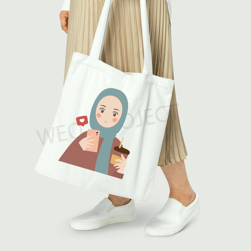 TOTE BAG KANVAS MURAH / TOTE BAG WANITA / TOTE BAG MOTIF ILUSTRASI HIJAB PART