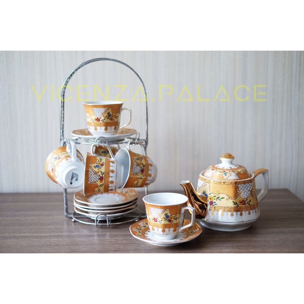 Tea Set - Cup Saucer Keramik Vicenza Aesthetic + Rak Gantungan C78