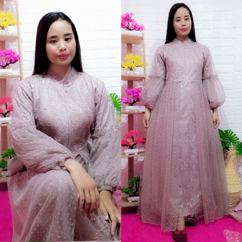 gamis pesta fuul brukat keliling lengan balon