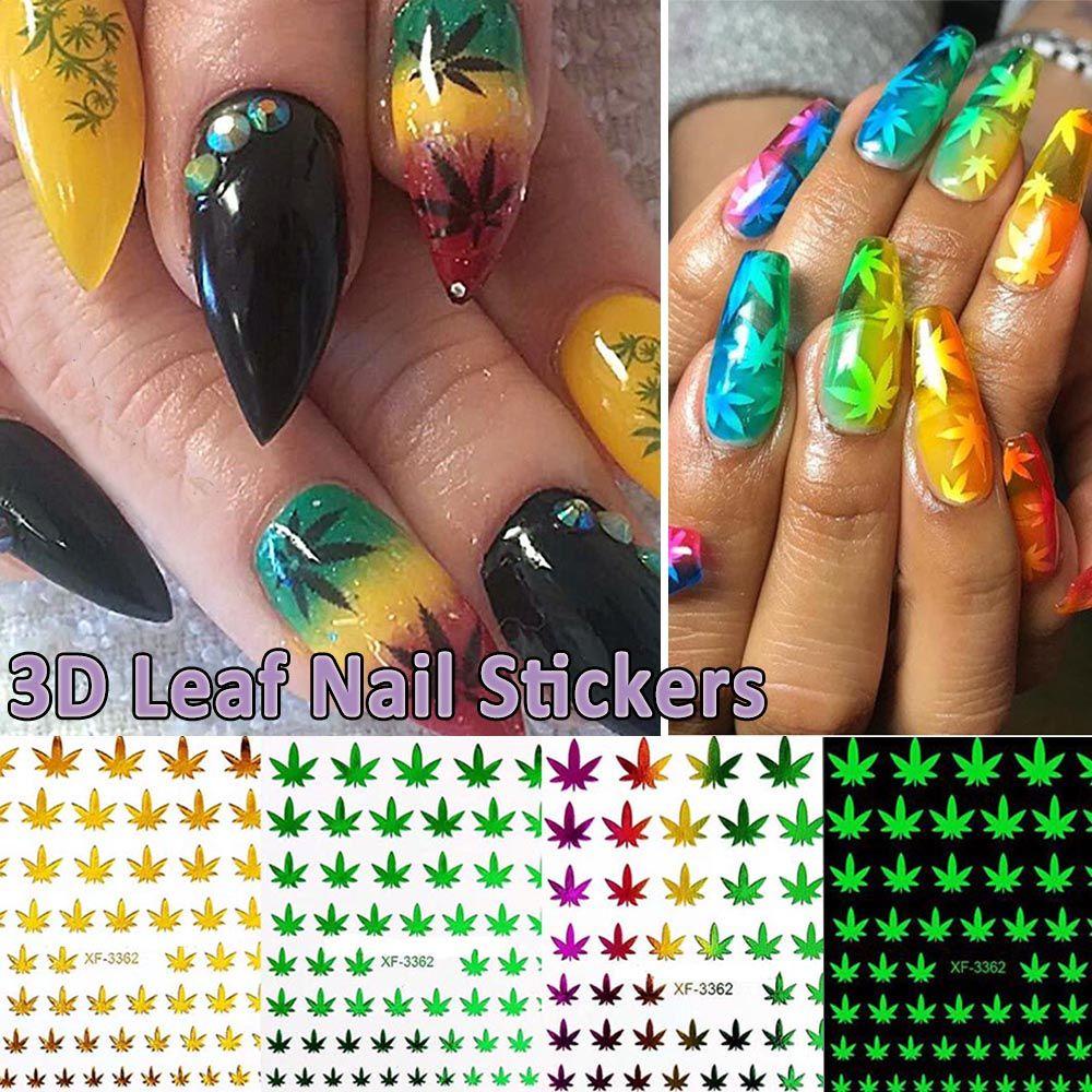 AUGUSTINA Stiker Kuku Agustina 12pcs /Set Kuku Salon Neon Pot Daun Self Adhesive Nail Art Dekorasi